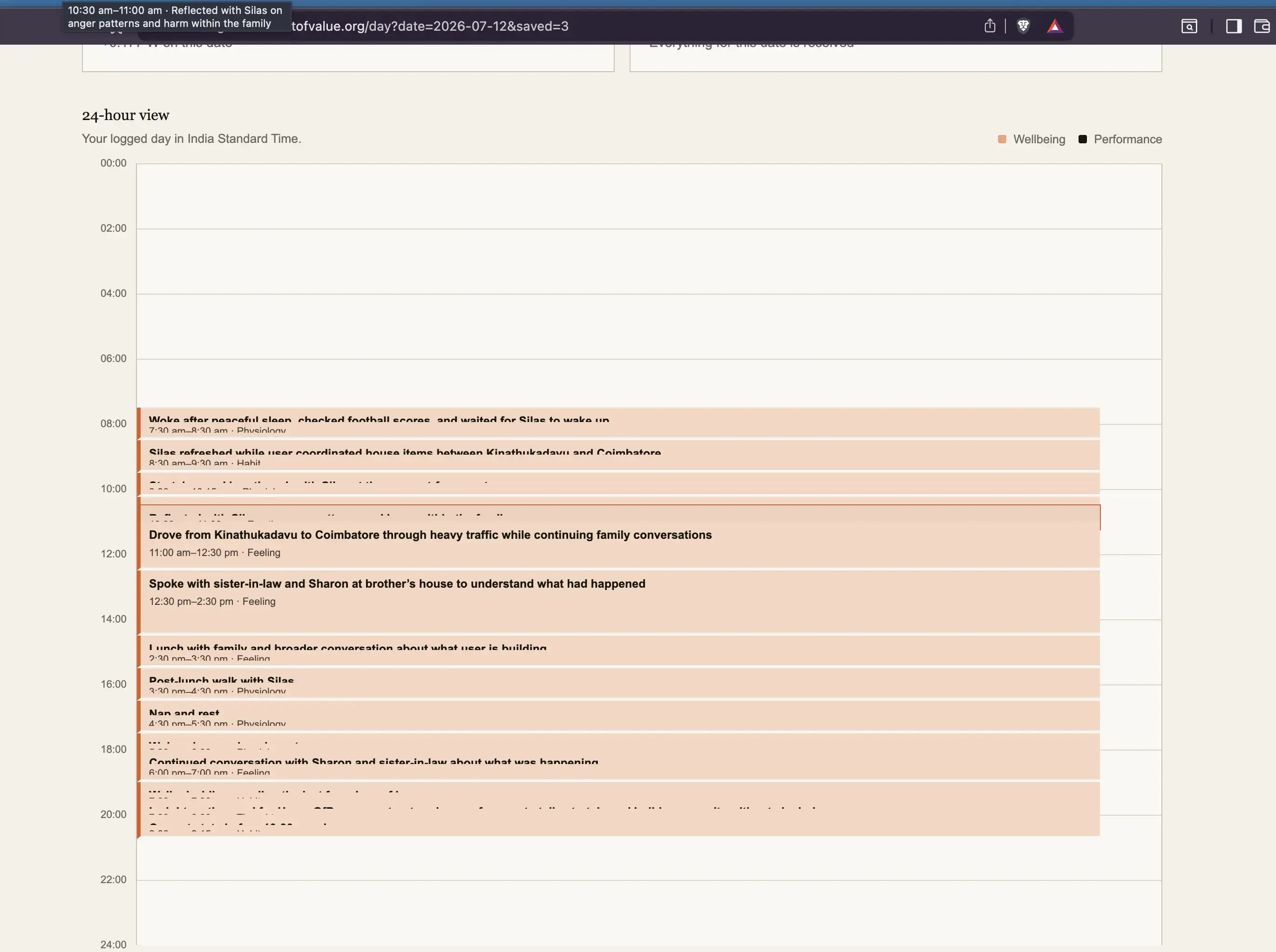 Earlier Value Log daily timeline with densely stacked activity blocks.