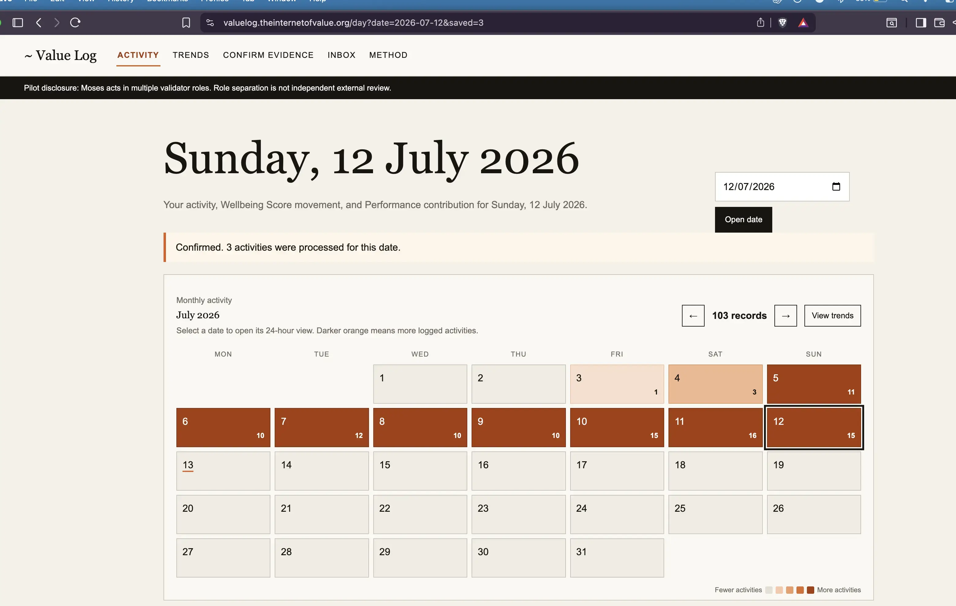 Earlier Value Log monthly activity calendar with count-based colour intensity.