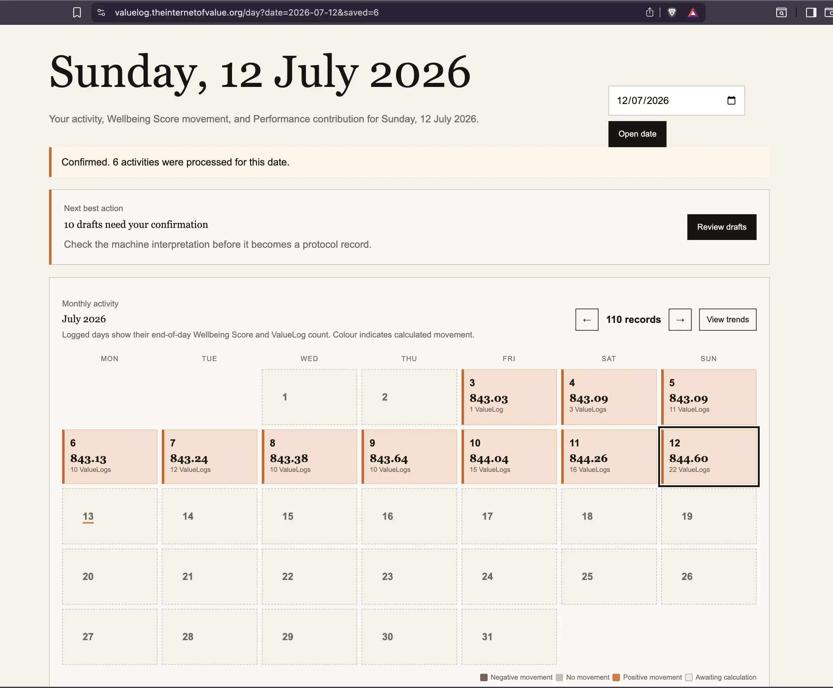 Updated Value Log command centre and monthly calendar with quiet empty days.