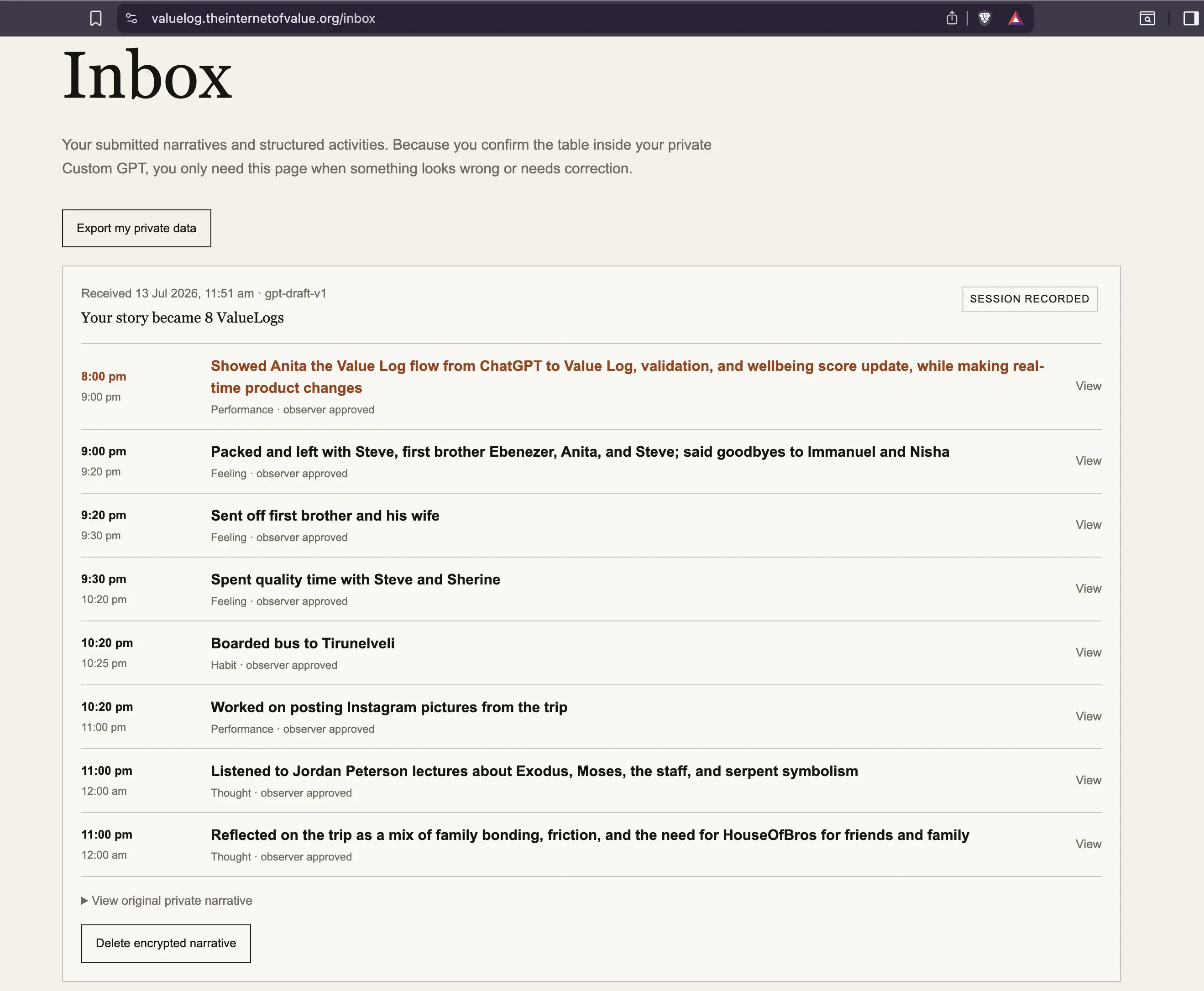Value Log Inbox showing a session-first structured review.