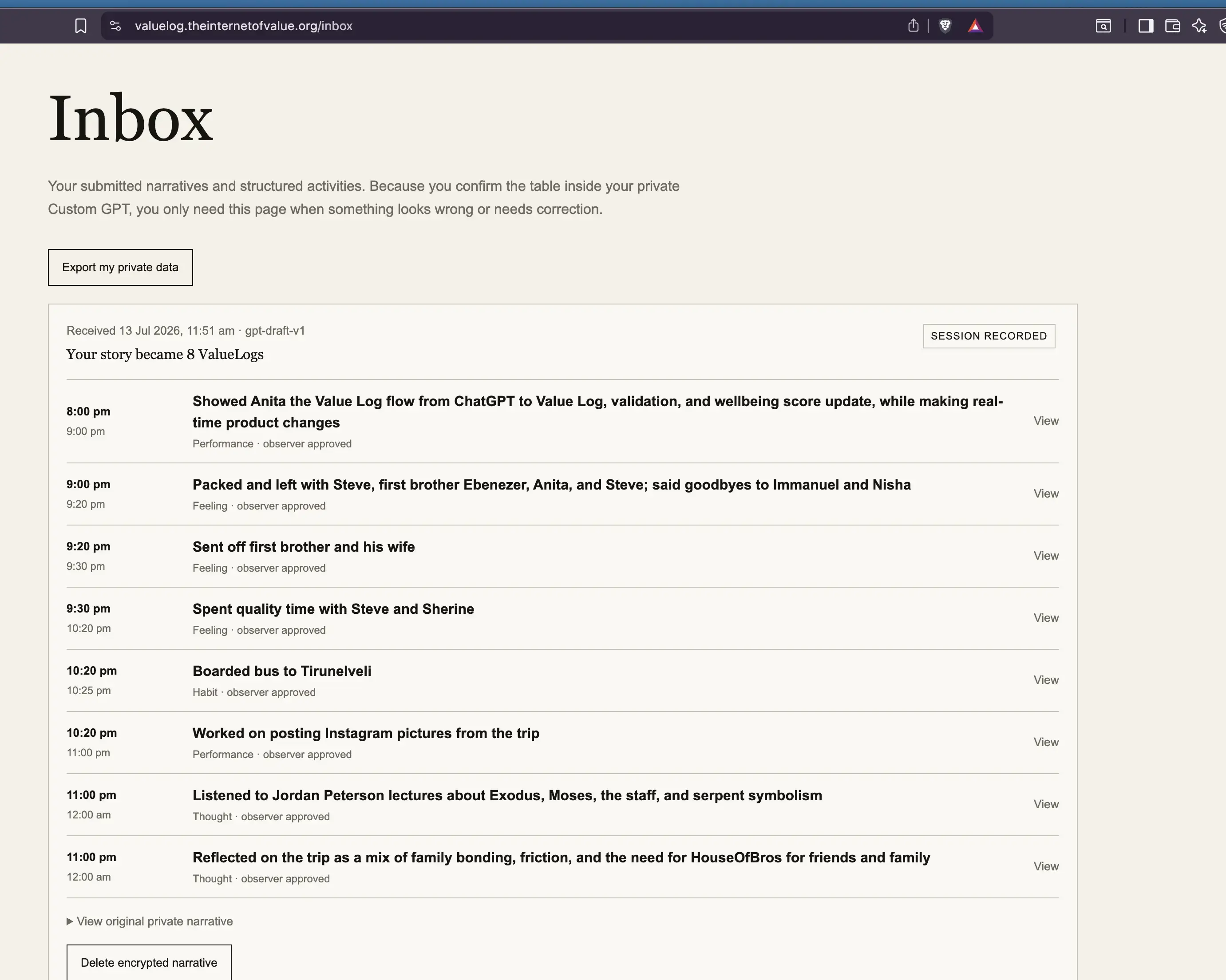 Value Log Inbox showing the structured activity rows within a session.