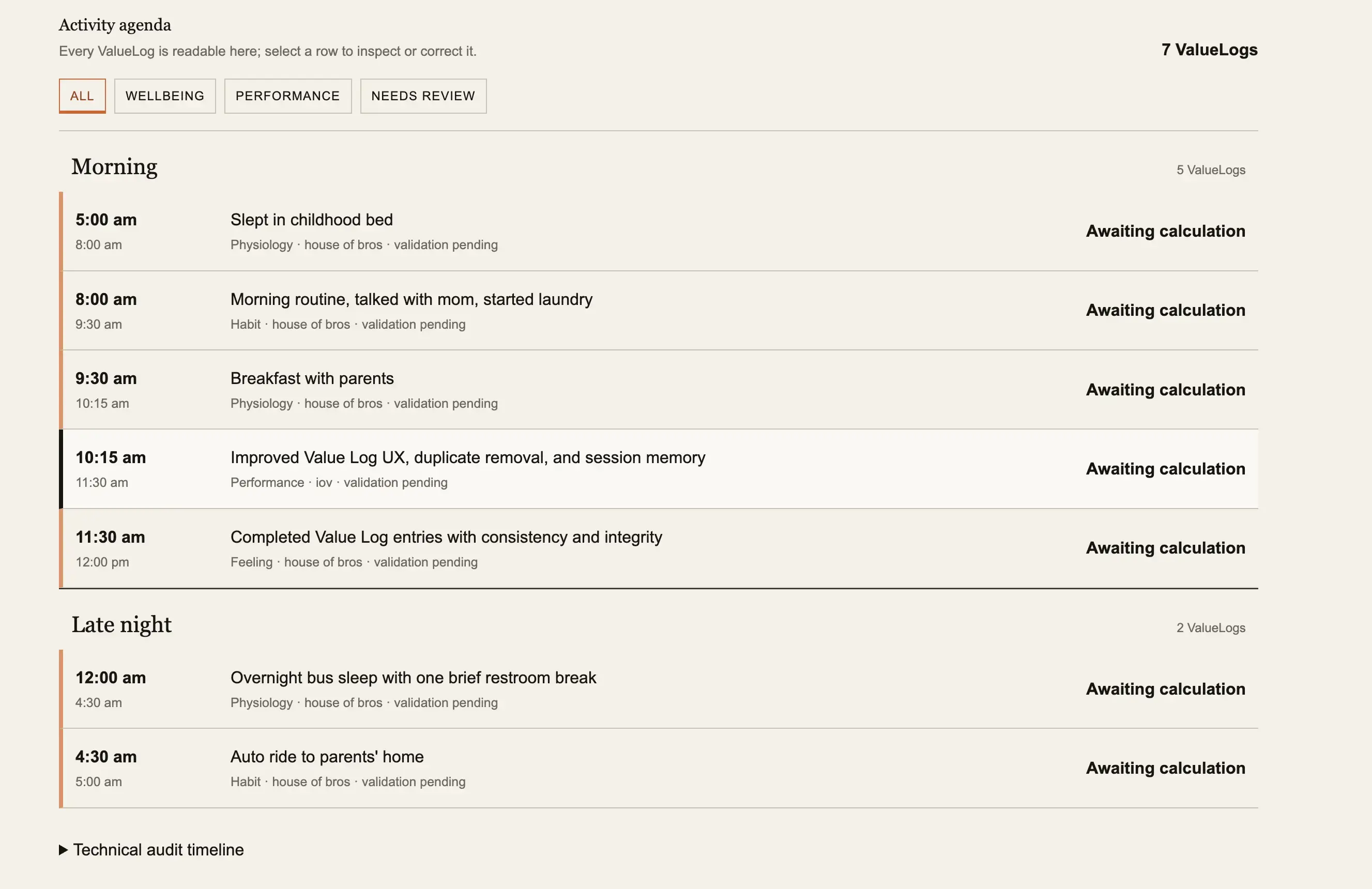 Updated Value Log agenda grouped into time-of-day chapters.