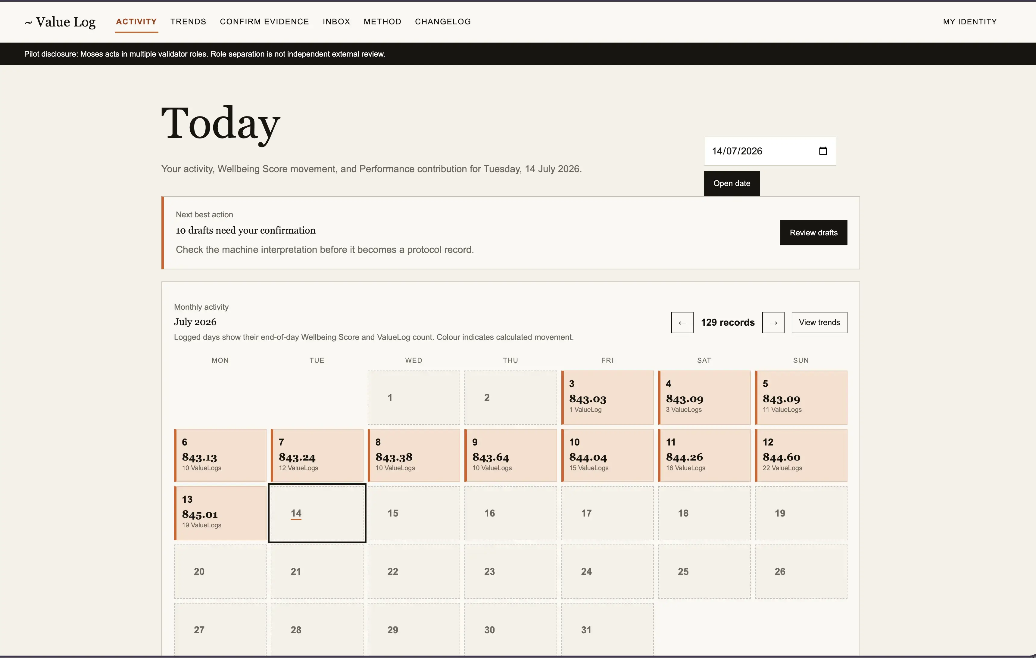 Value Log Today calendar before the compact navigation and projection consistency work.