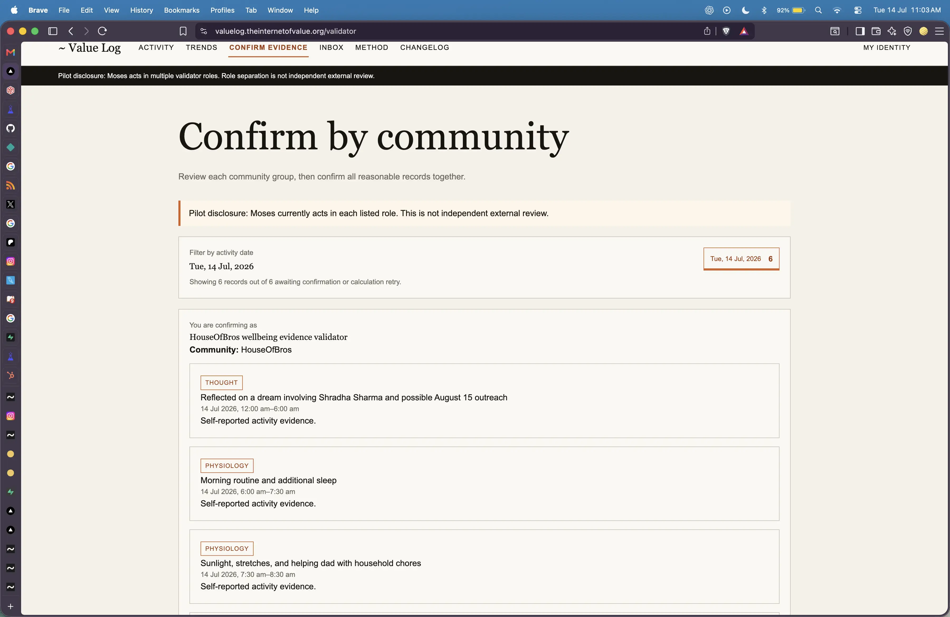 Value Log community confirmation page before the unified Review workspace.