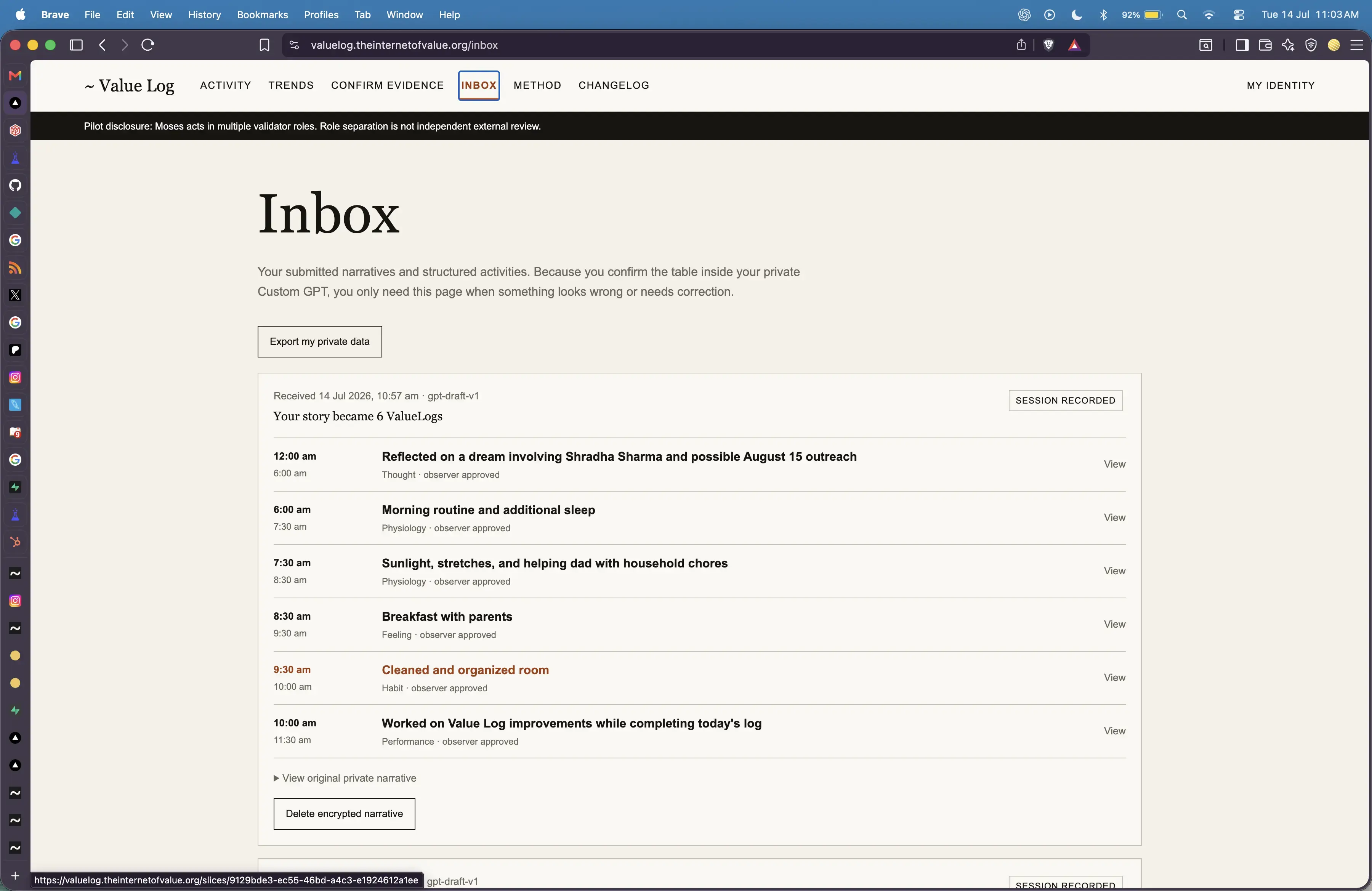 Value Log Inbox session list before the unified Review workspace.