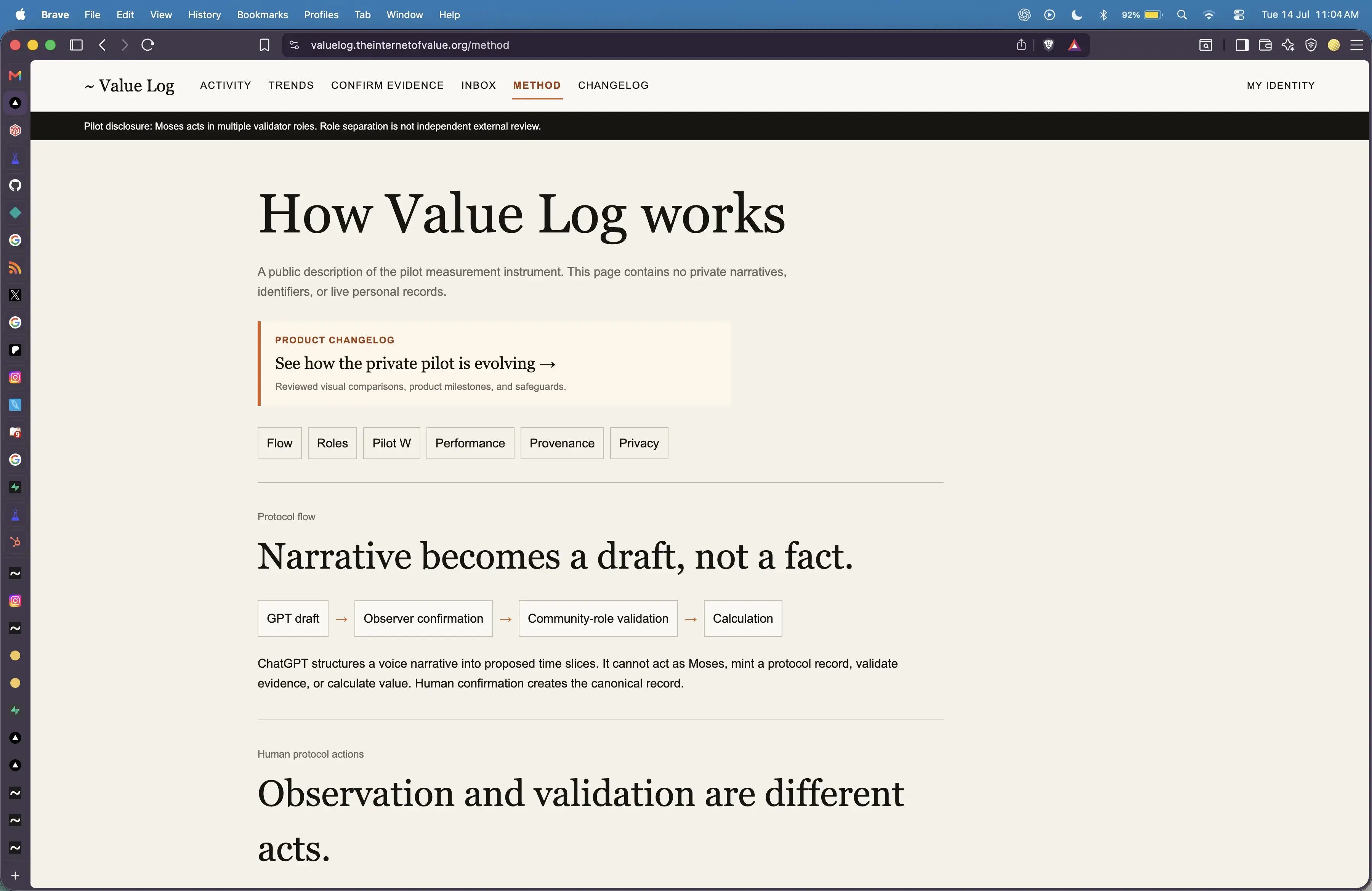 Value Log Method page before the compact navigation menu.