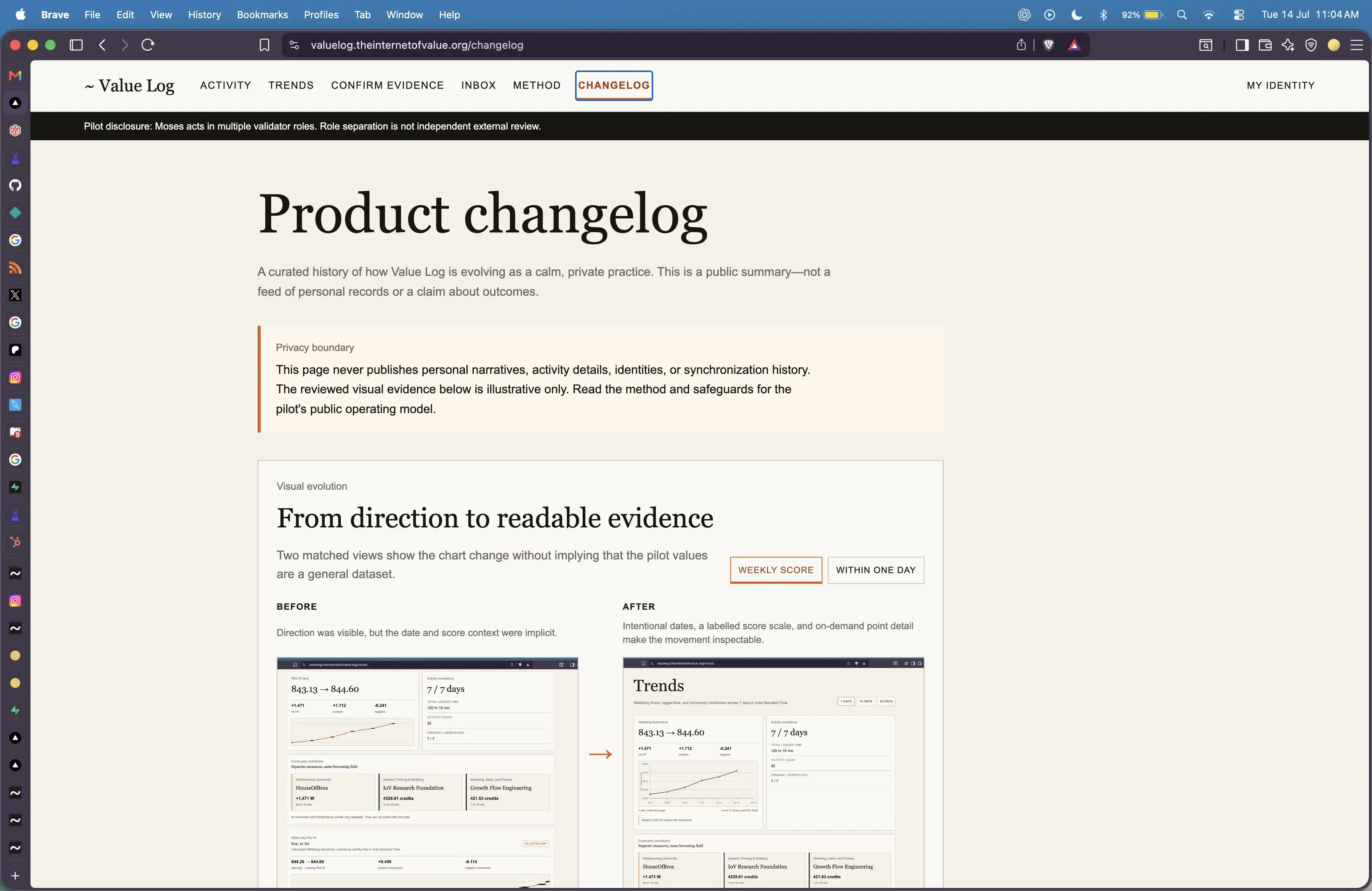 Value Log public changelog opening before the Review workspace chapter.