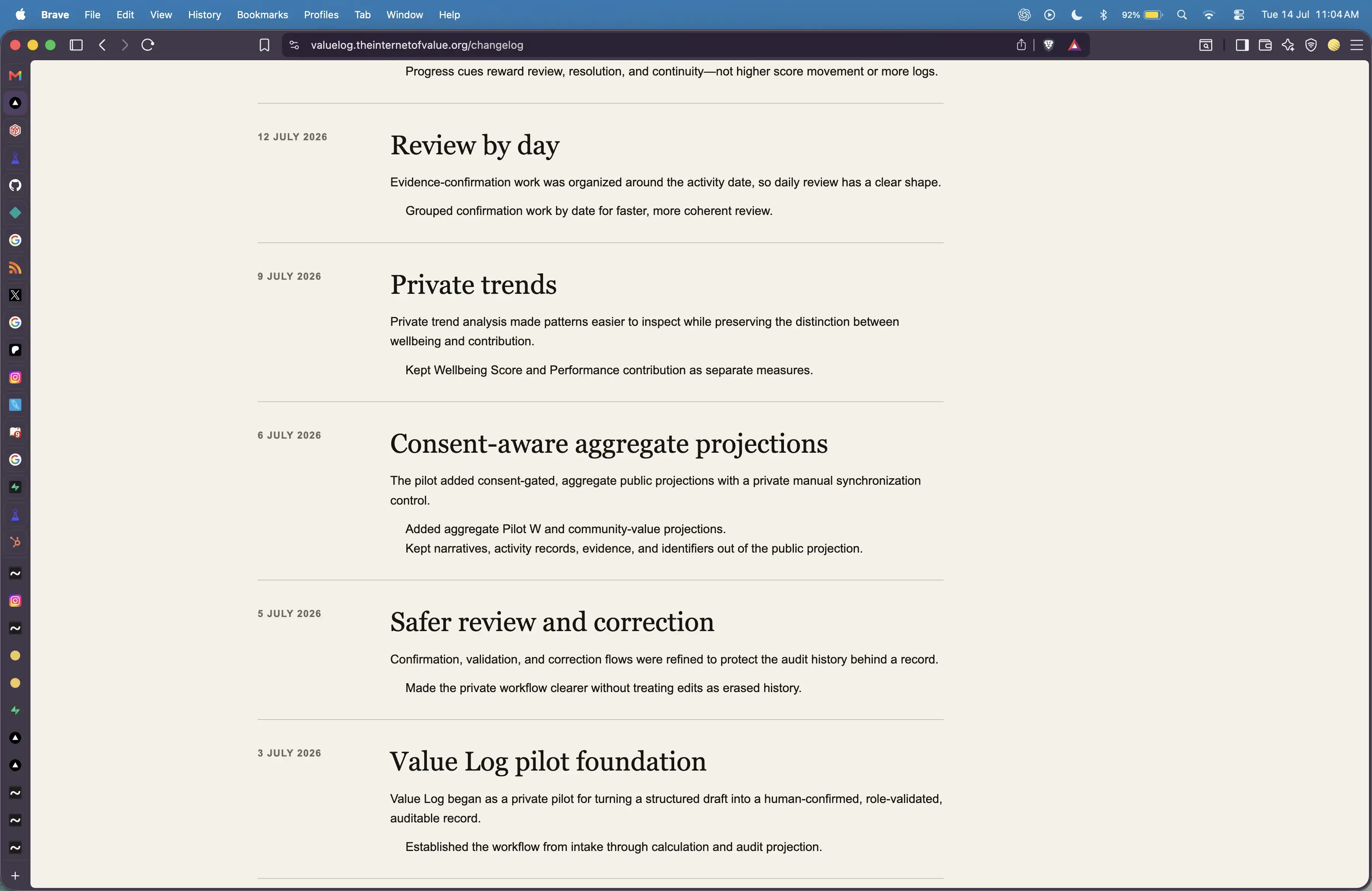 Value Log public changelog timeline before the Review workspace chapter.
