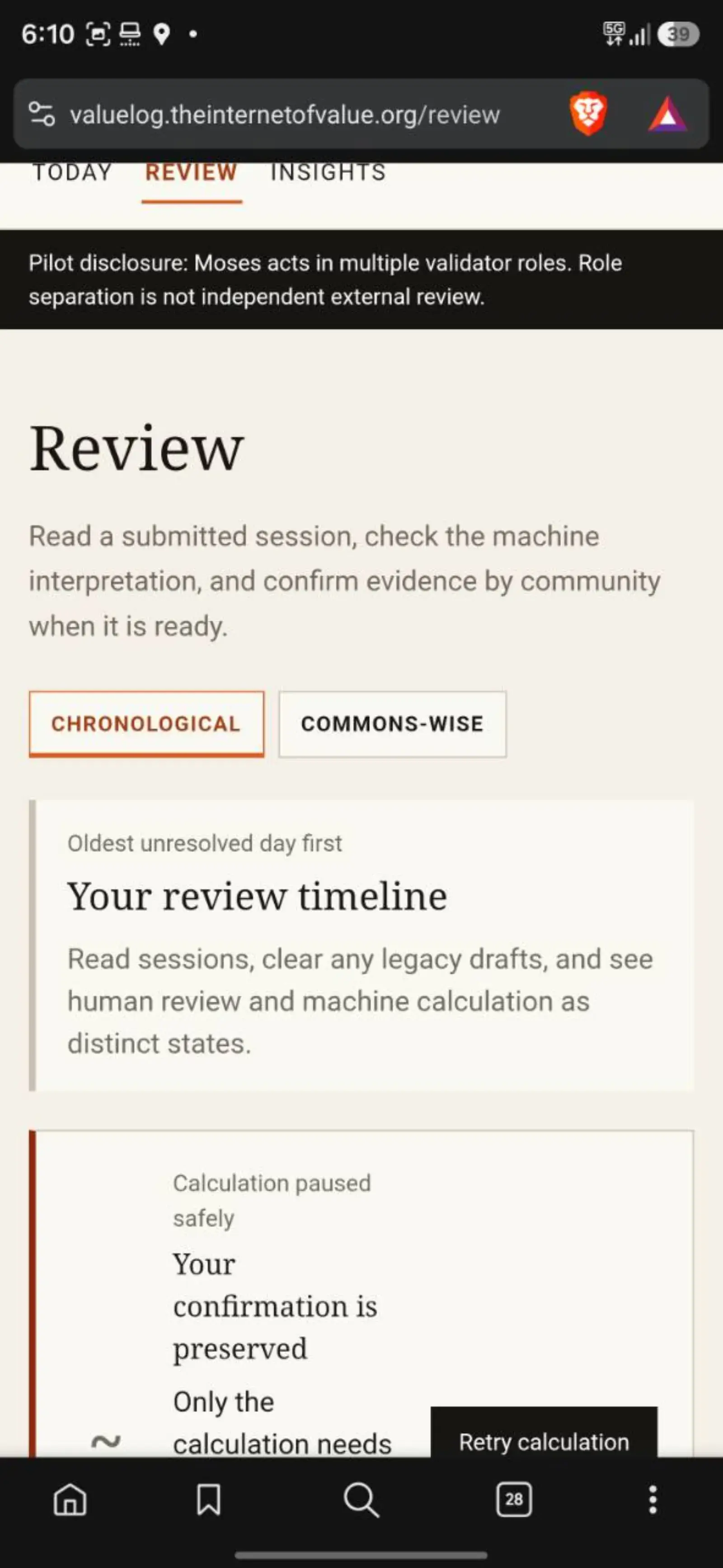 Value Log Review showing a stale retry state before calculation-status repair.