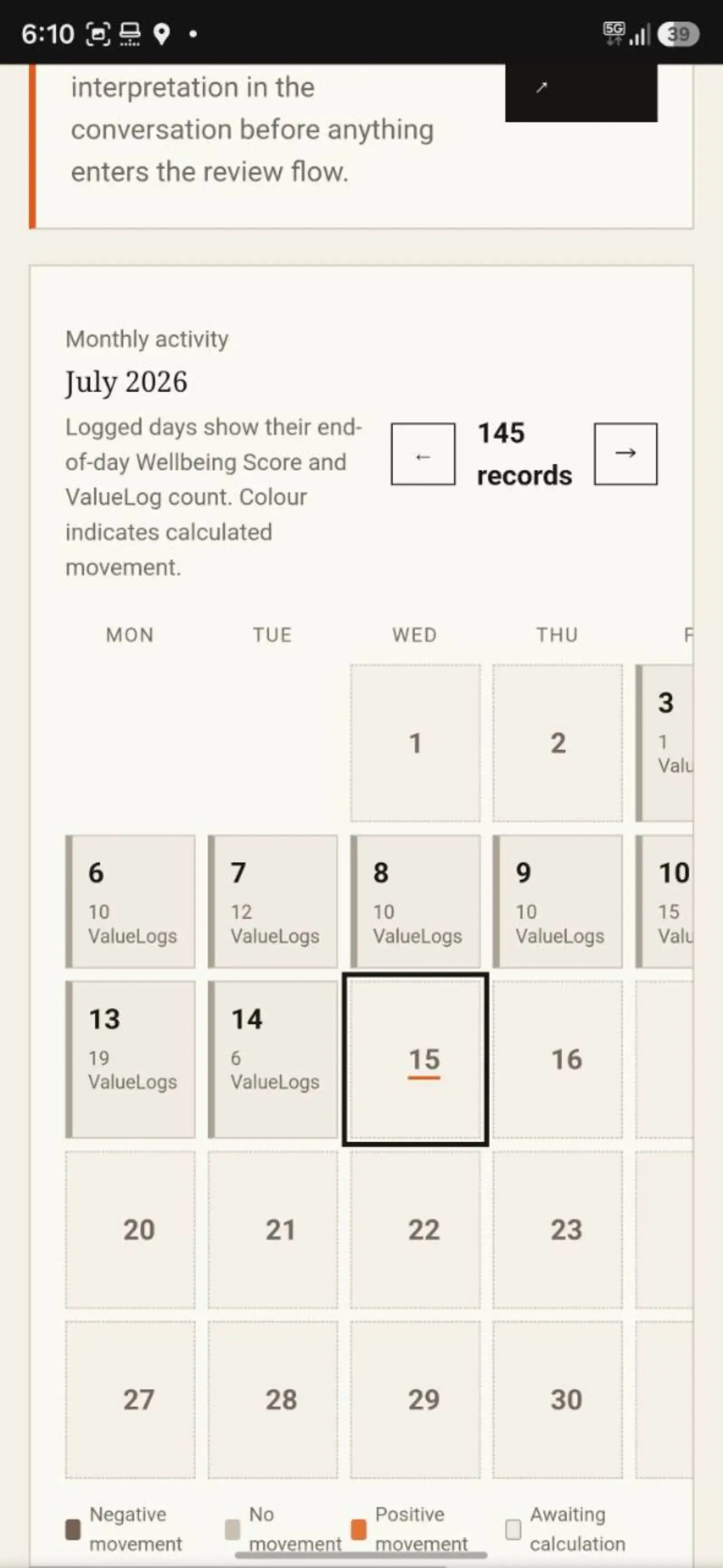 Value Log Today calendar missing a completed score before the full-month range repair.
