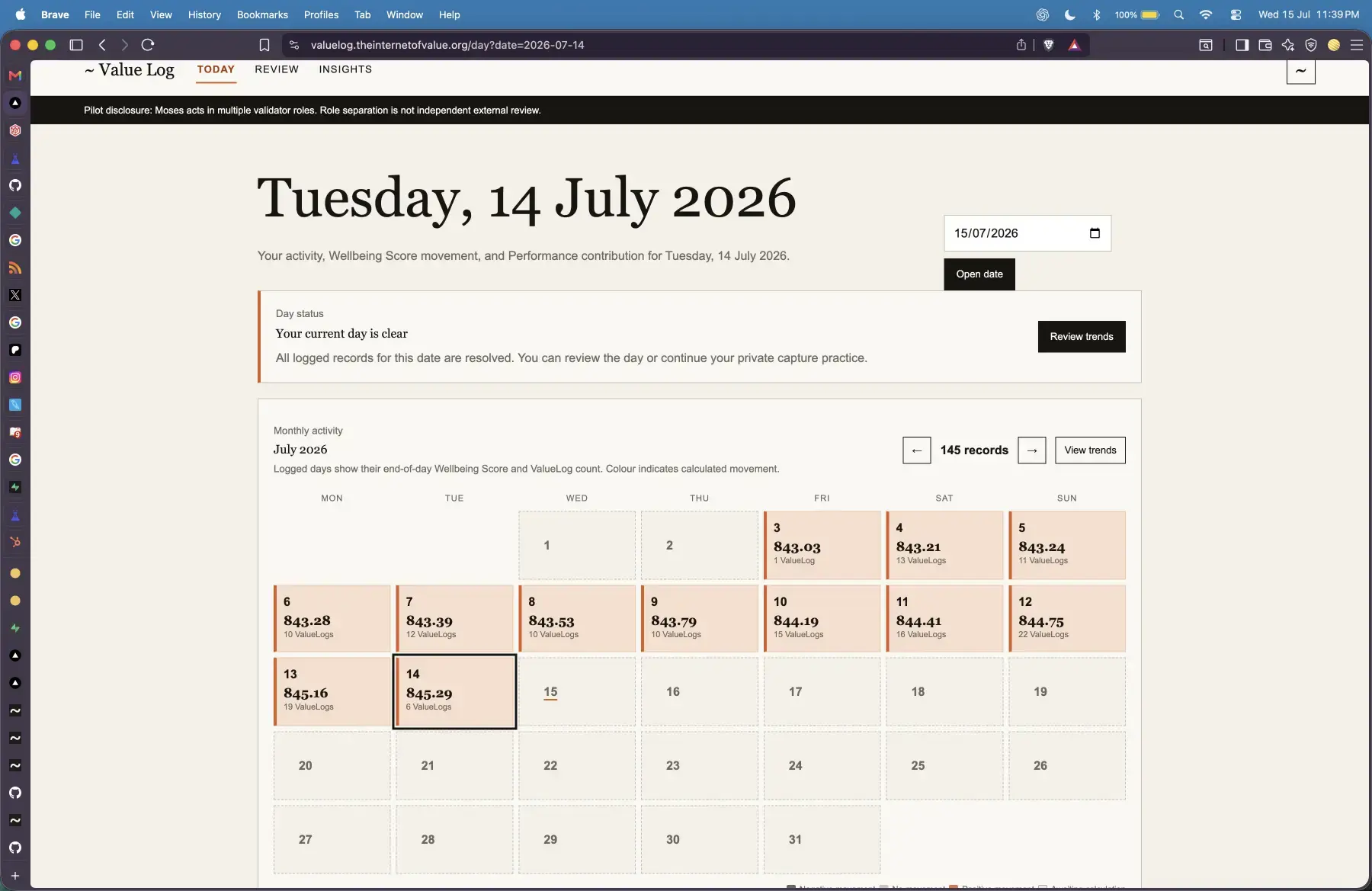 Value Log Today calendar showing completed daily Wellbeing Scores after the full-month range repair.