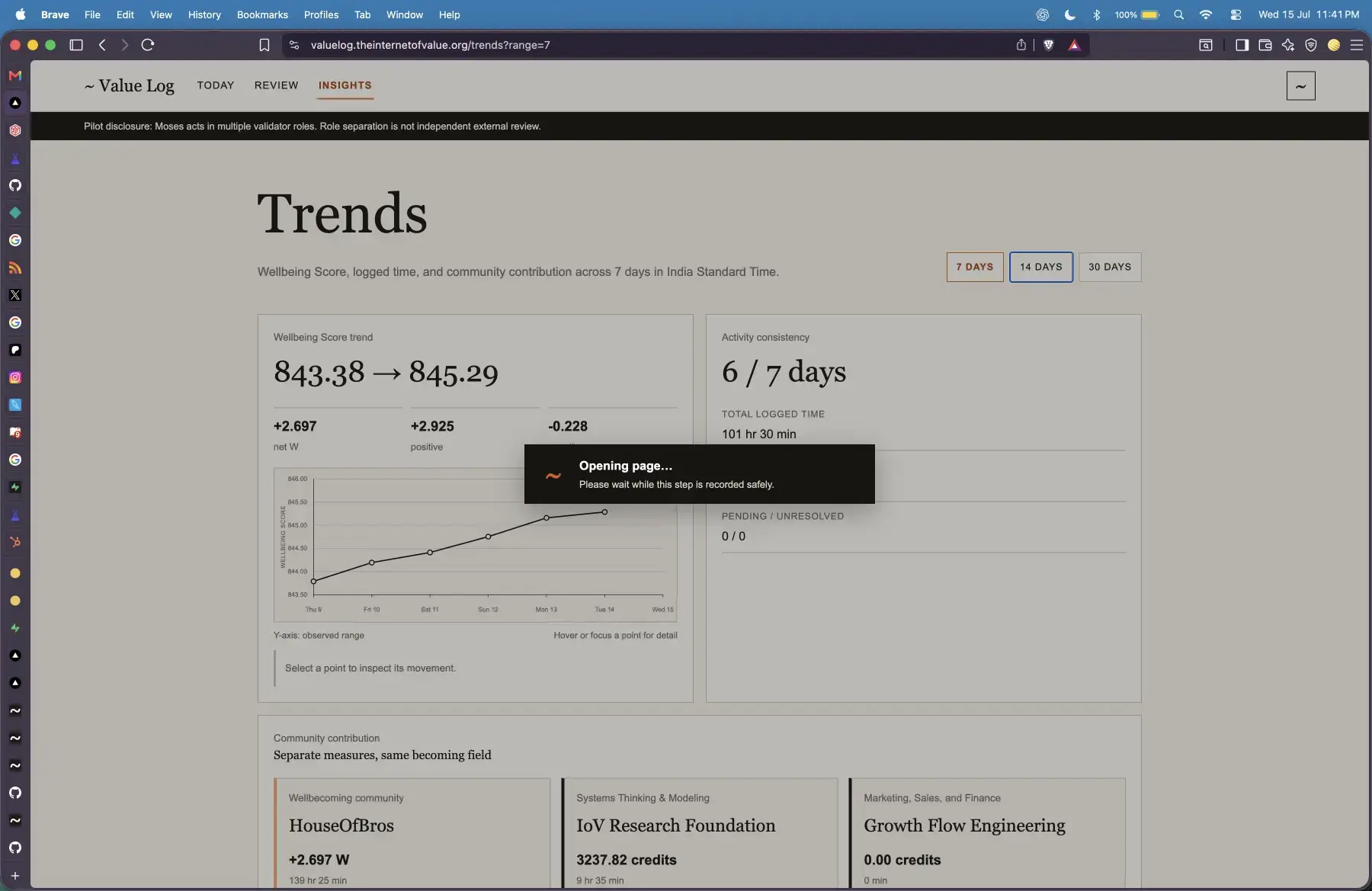 Value Log Insights showing the centered filling-tilde opening state.