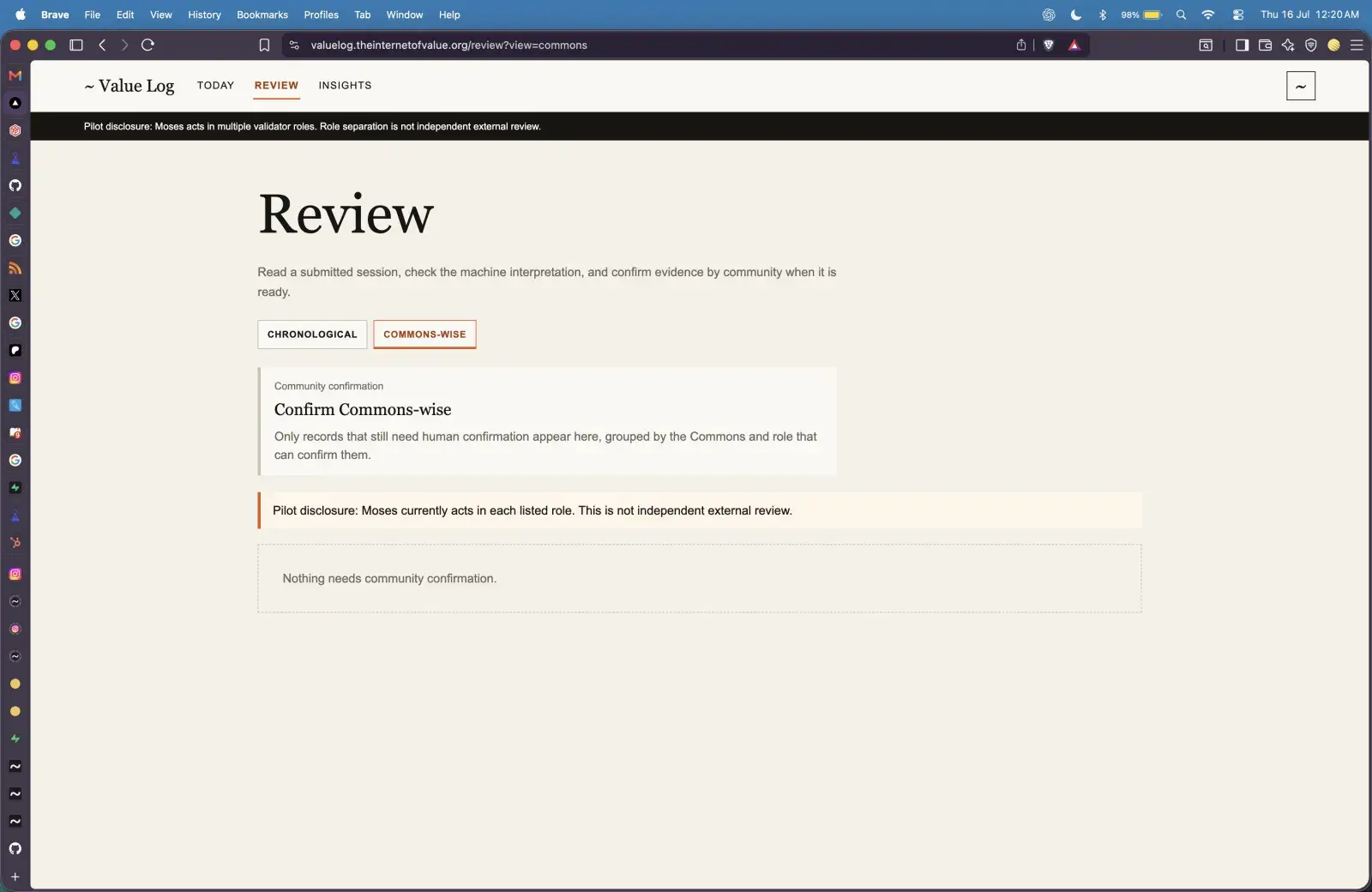 Value Log Commons review correctly showing human confirmation complete while machine calculation remained outstanding.