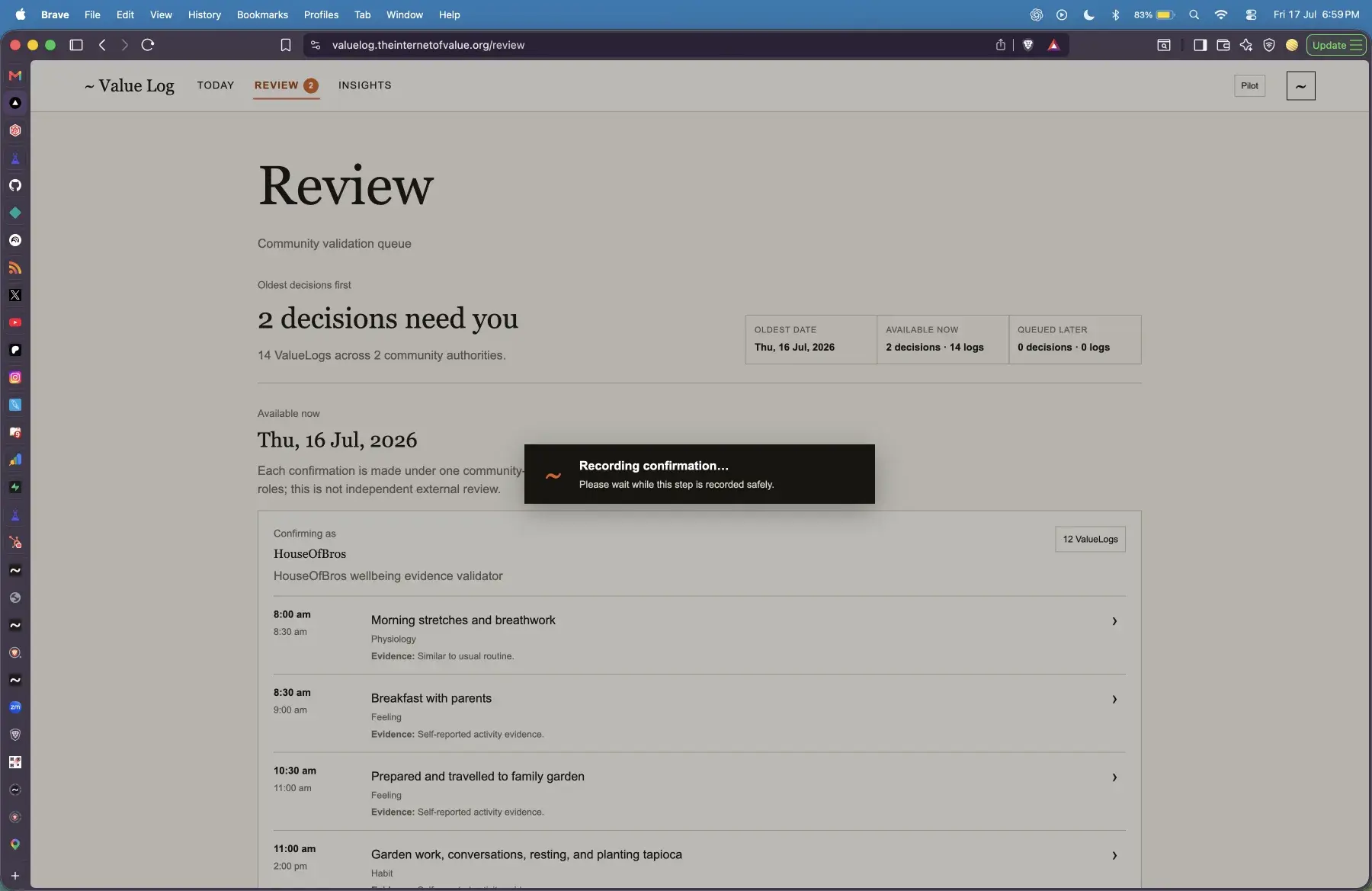 Value Log Review with two community-authority confirmation decisions.