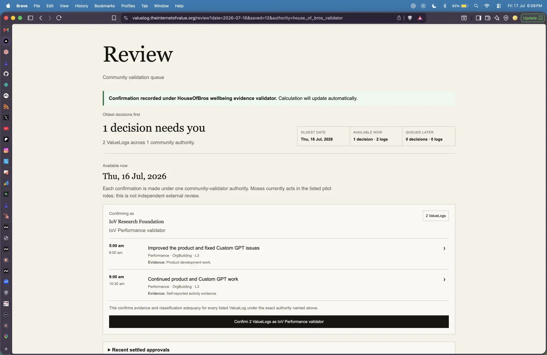Value Log Review after one community-authority confirmation is recorded.