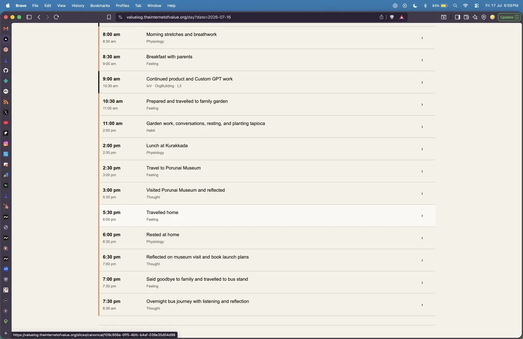 Value Log Today showing chronological activity rows.