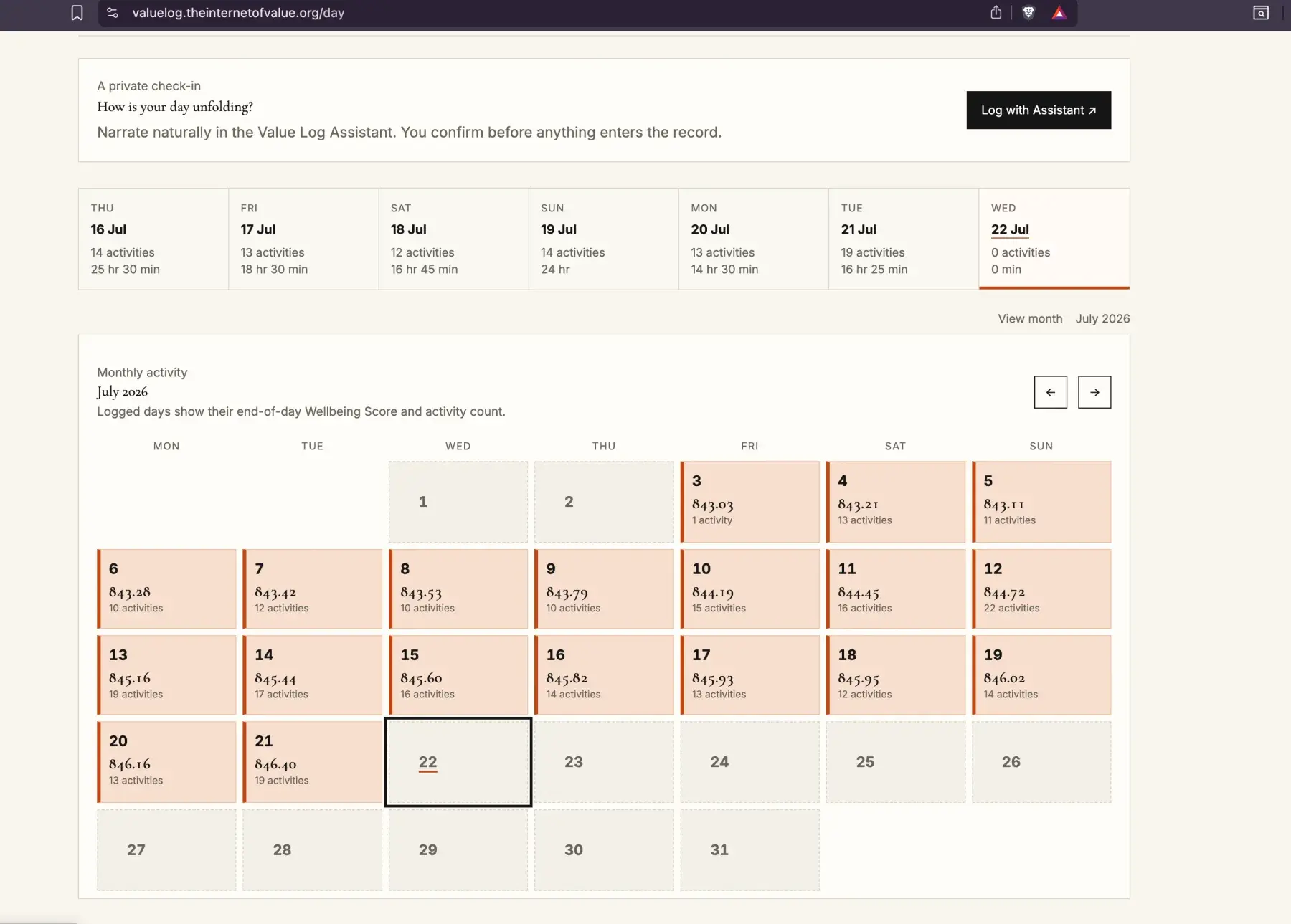 Value Log Today showing the seven-day strip and expanded monthly activity calendar before the clock-first hierarchy.