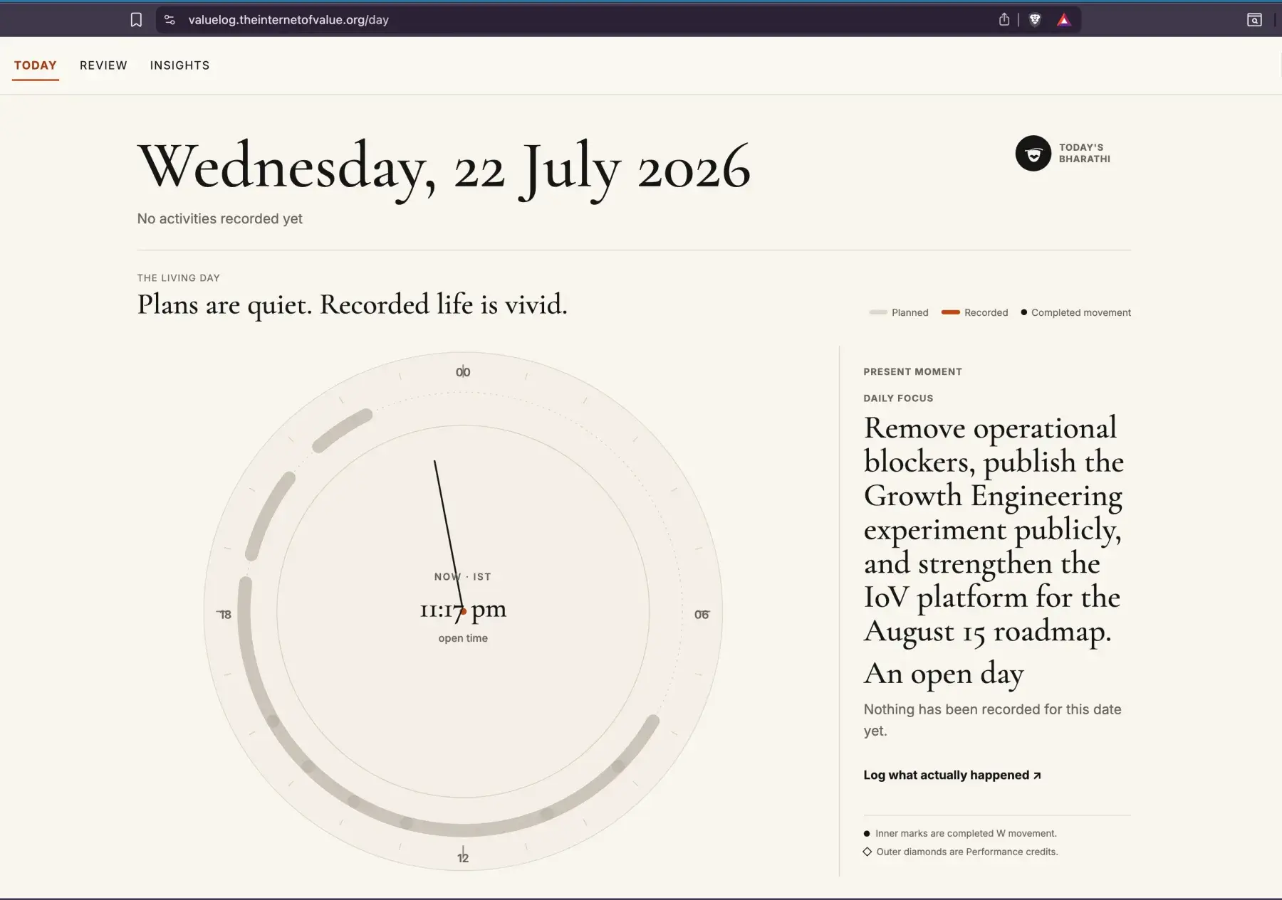 Value Log Living Day clock showing quiet plans and an empty canonical day after the redesign.