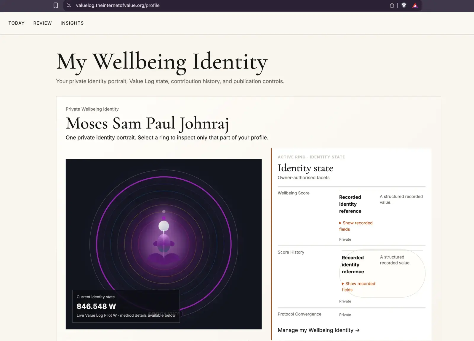 Owner-authorized private Wellbeing Identity portrait used as architectural context for the light-background identity locator.