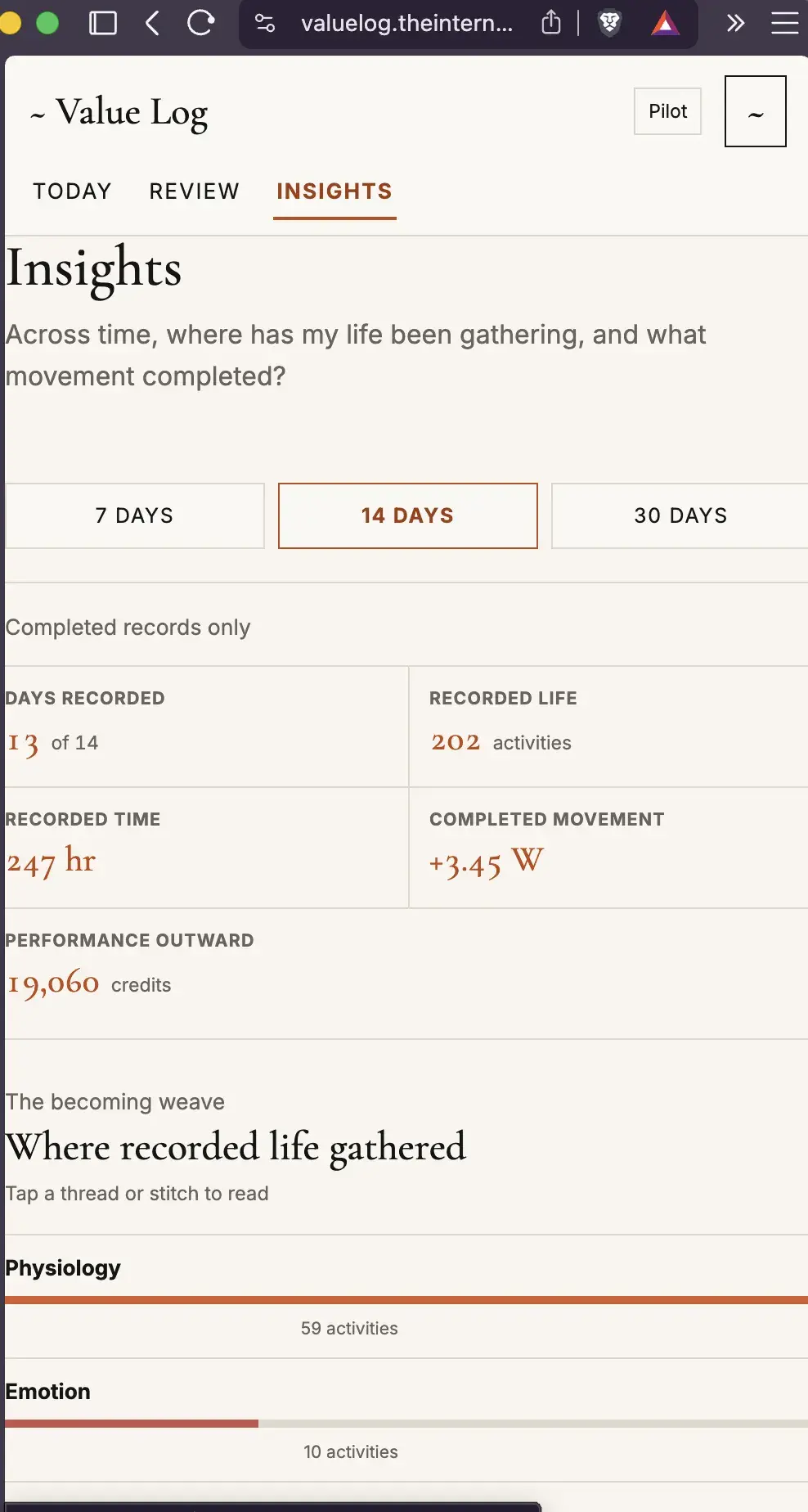 Value Log Insights mobile overview before gutters, compact ledger rhythm, and true miniature time traces were refined.