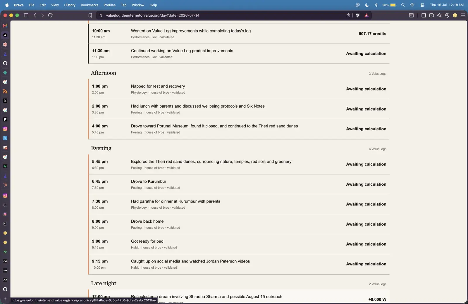 Value Log showing validated records awaiting background calculation before the worker repair.